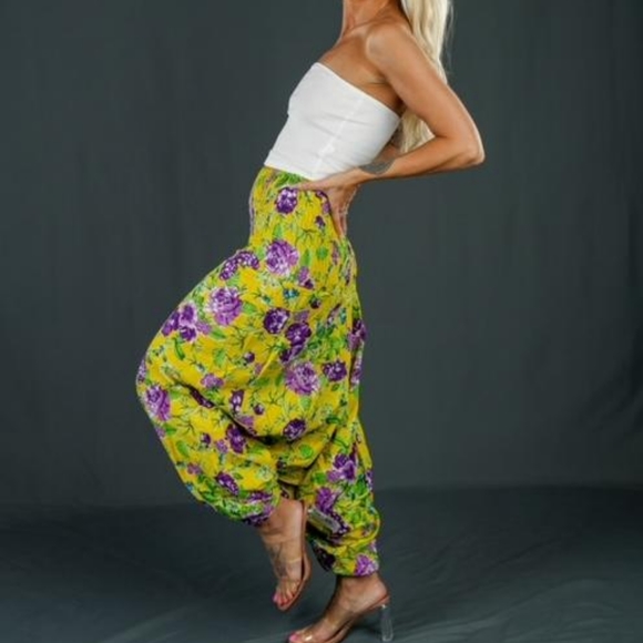 Brand New Hippie Yellow & Purple Floral Print Harem Pants - Picture 2 of 3